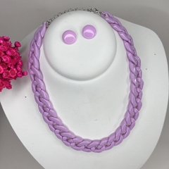 Kit 1 colar Elo corrente e 1 brinco botão resina 1cm - Império Pink