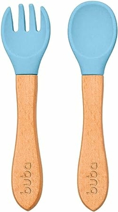 KIT TALHERES SILICONE E BAMBU - AZUL na internet