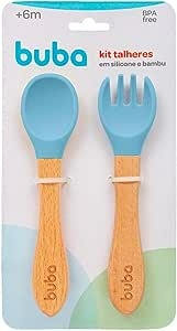 KIT TALHERES SILICONE E BAMBU - AZUL