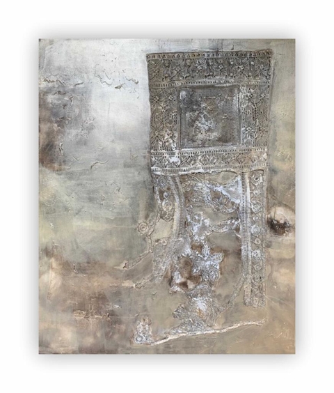 Obra 1 x 1,20 m técnica mixta con aplique de puntilla antigua y texturas metalizadas