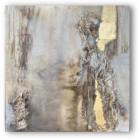 Obra 1 x 1 técnica mixta con texturas y láminas doradas