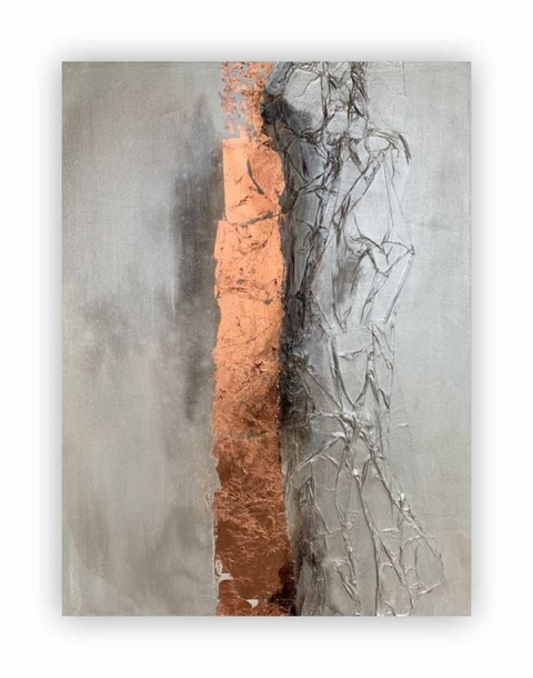 Obra 90 x 70 cm técnica mixta con texturas y láminas cobre