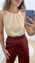 Blusa com decote alto drapeado - Nude - loja online