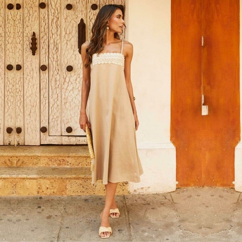 Vestido midi linho aplique