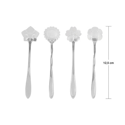 CJ 4 COLHERES ACO INOX P/CHA FLORES PRATEADA