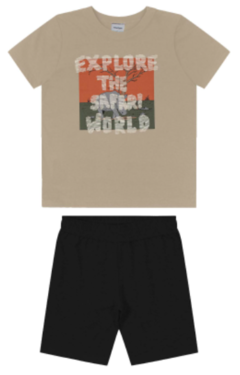 Conjunto infantil masculino de blusa em meia malha com estampa frontal e bermuda de malha