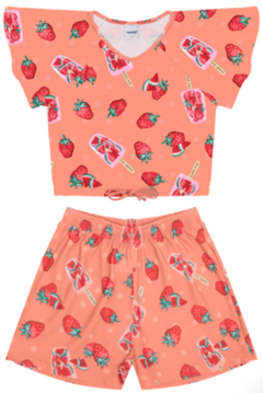 Conjunto infantil menina, cropped e shorts Moranguinho