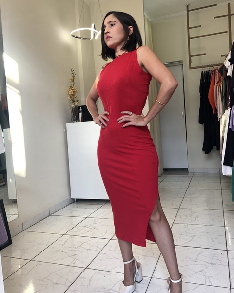 Vestido Midi Vermelho Cavado Fenda - comprar online