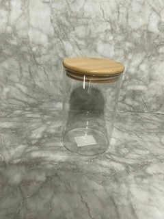 Frascos organizadores redondos de vidrio con tapa de bambú. - Blanqueria santina