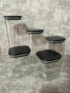 Set x5 Frascos Herméticos de Vidrio con Tapa de Bambú Negra - Elegantes y Funcionales. COD: 1371.