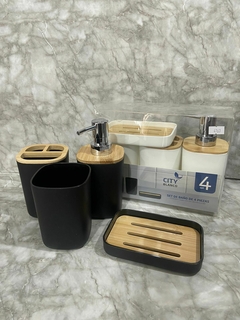 Set de Baño Minimalista 4 Piezas con Detalles en Bambú - Negro o Blanco. COD: 4763. - Blanqueria santina