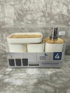 Set de Baño Minimalista 4 Piezas con Detalles en Bambú - Negro o Blanco. COD: 4763. en internet