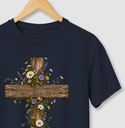 Camiseta masculina branca com estampa centralizada de uma cruz de madeira rústica entrelaçada com flores silvestres coloridas, como margaridas brancas e flores roxas, e folhagens verdes.