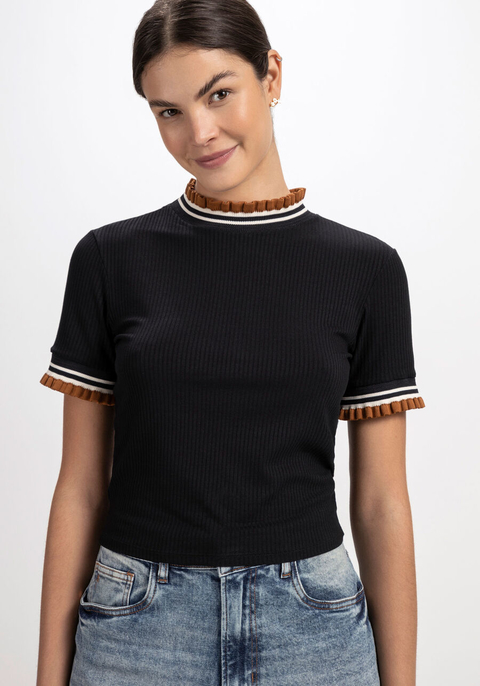 BLUSA CANELADA CROPPED COM BABADOS LEZ A LEZ FEMININA