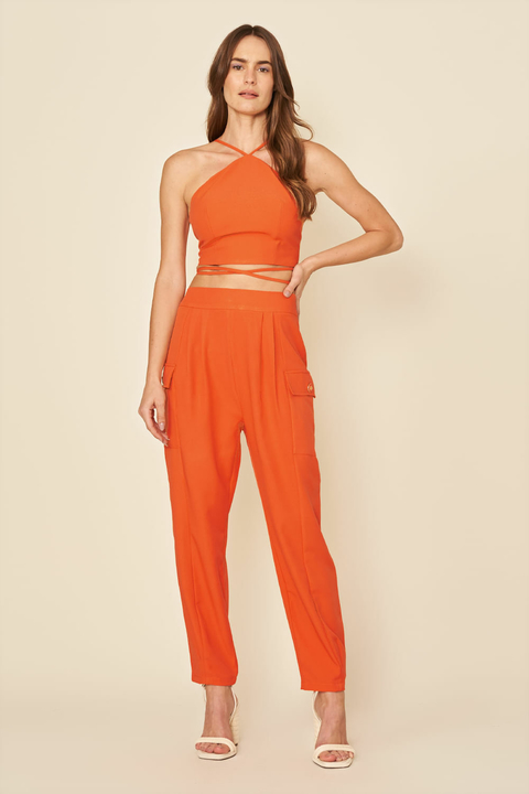 CALÇA CARGO CREPE CORAL MY PLACE FEMININA