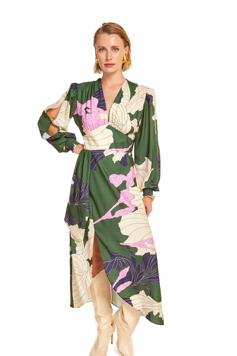 VESTIDO MIDI DECOTE V COM FENDA ESTAMPADO MARIA VALENTINA