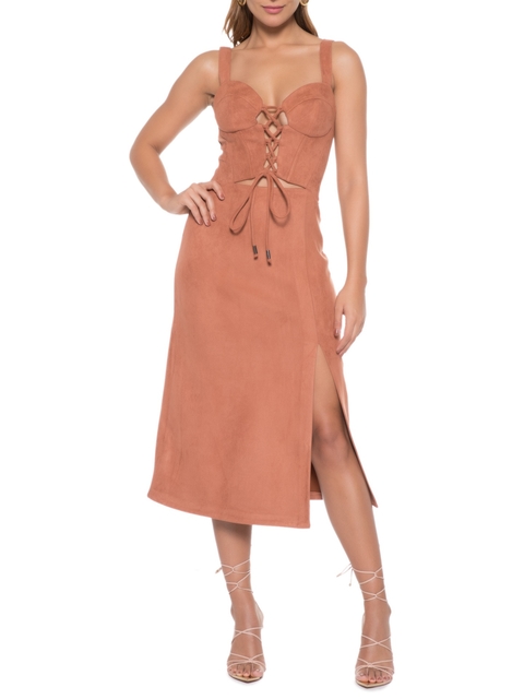 VESTIDO MIDI DECOTE PRINCESA COM AMARRAÇÃO AVELA MORENA ROSA