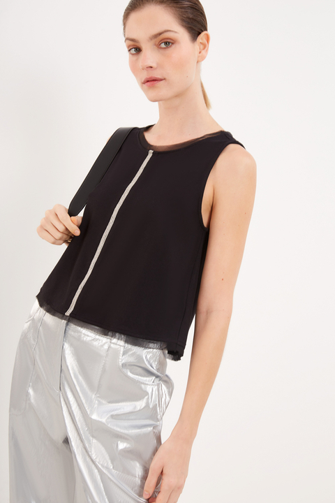 BLUSA MALHA ENTREMEIO PRETA FEMININA SACADA