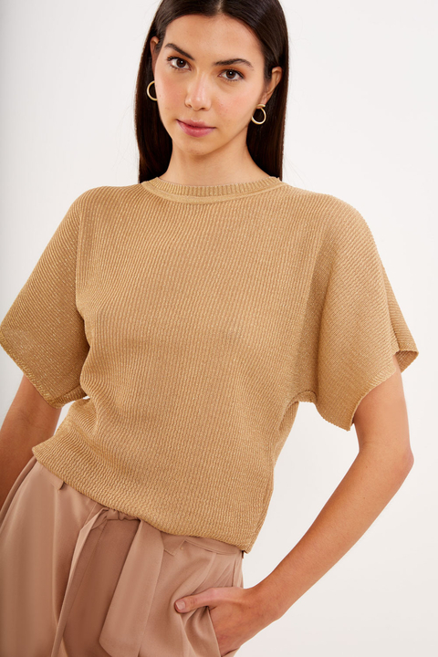 BLUSA BASICA TRICOT LUREX DOURADA FEMININA SACADA