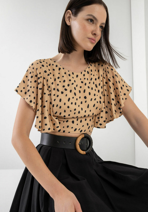 BLUSA ESTAMPADA EM VISCOSE COM BABADO MANGA LEZ A LEZ FEMININA