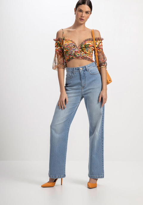 CALÇA JEANS WIDE LEG COM CINTURA ALTA LEZ A LEZ FEMININA