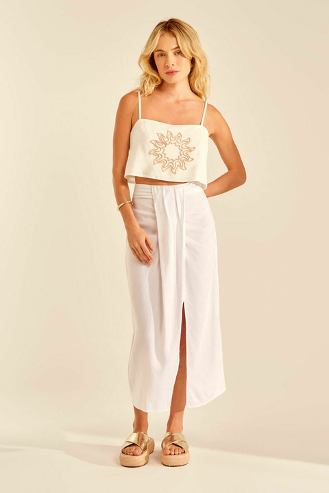 SAIA MIDI PREGAS LINHO BRANCO FEMINIA OH BOY!