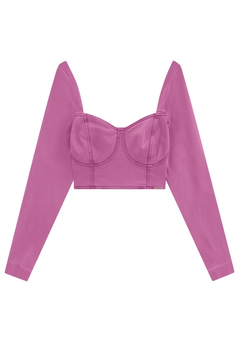BLUSA SARJA CROPEED MANGA LONGA COM RECORTE BUSTO LEZ A LEZ FEMININA