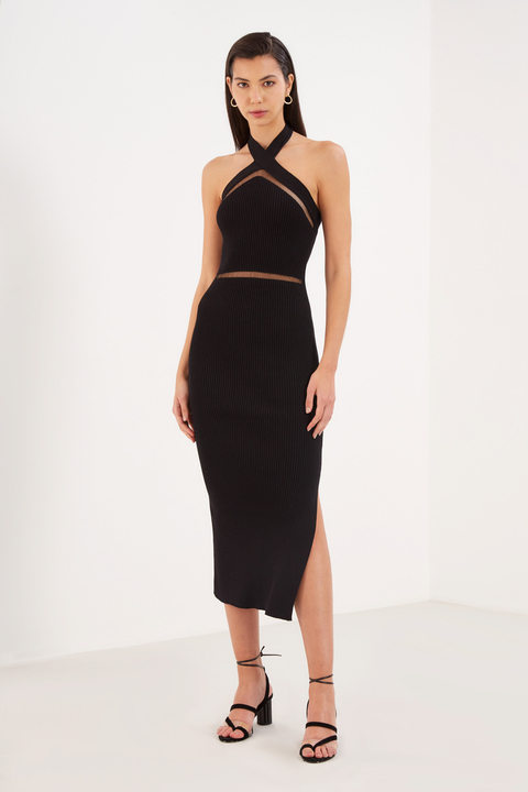 VESTIDO TRICOT COM TRANSPARÊNCIA PRETO FEMININO SACADA