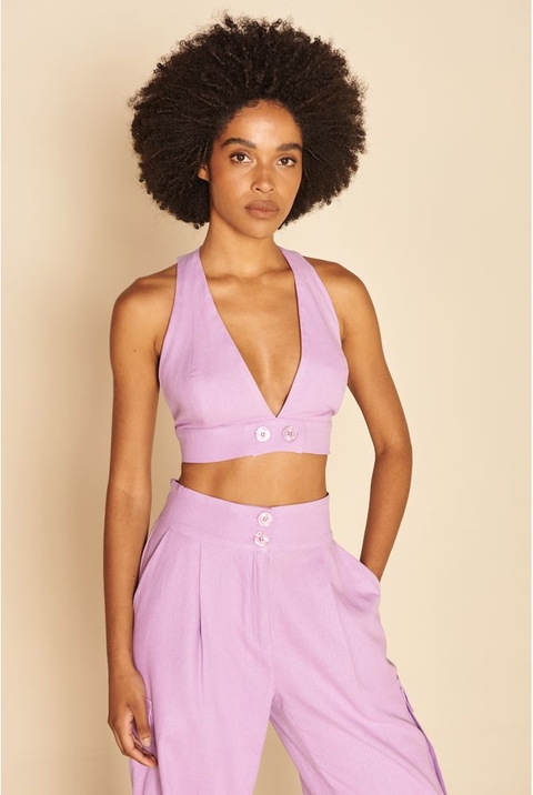 TOP CROPPED 2 BOTOES LINHO LILAS MY PLACE FEMININO