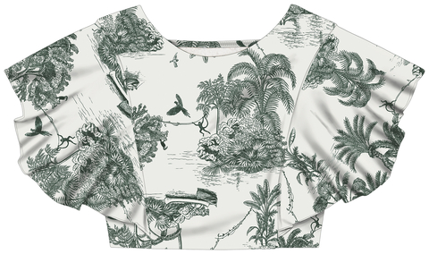 BLUSA ESTAMPADA EM VISCOSE COM BABADO MANGA LEZ A LEZ FEMININA