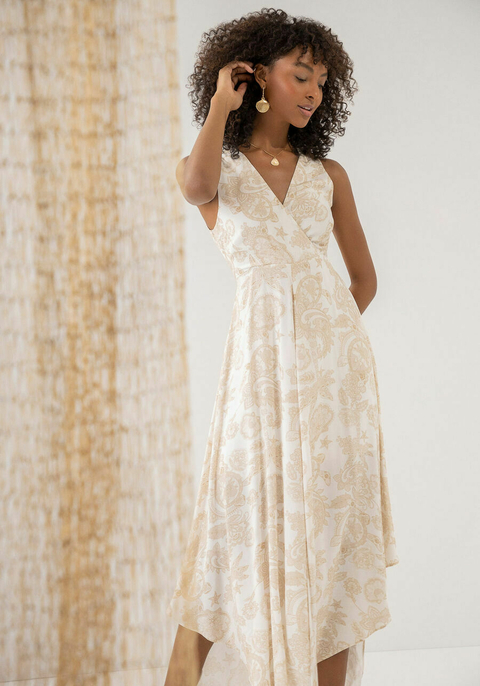 VESTIDO MIDI ASSIMETRICO EM VISCOSE ESTAMPADO LEZ A LEZ FEMININO