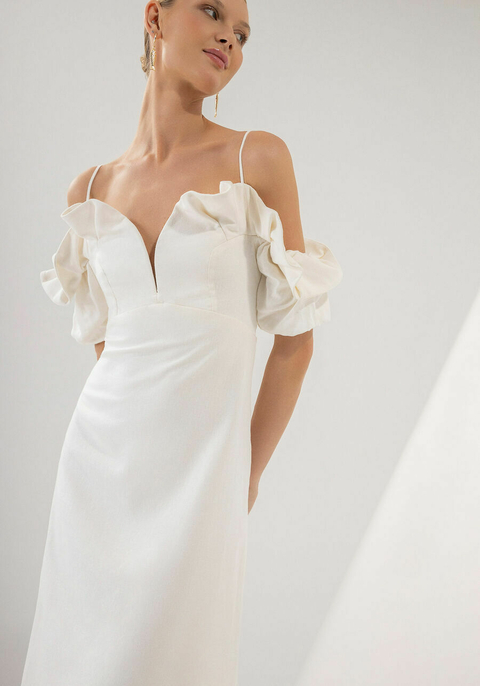 VESTIDO MIDI EM LINHO COM DECOTE BALONÊ BRANCO LEZ A LEZ FEMININO