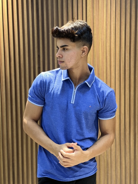 POLO PIQUET MOULINE COM ZÍPER AZUL COBALTO ARAMIS