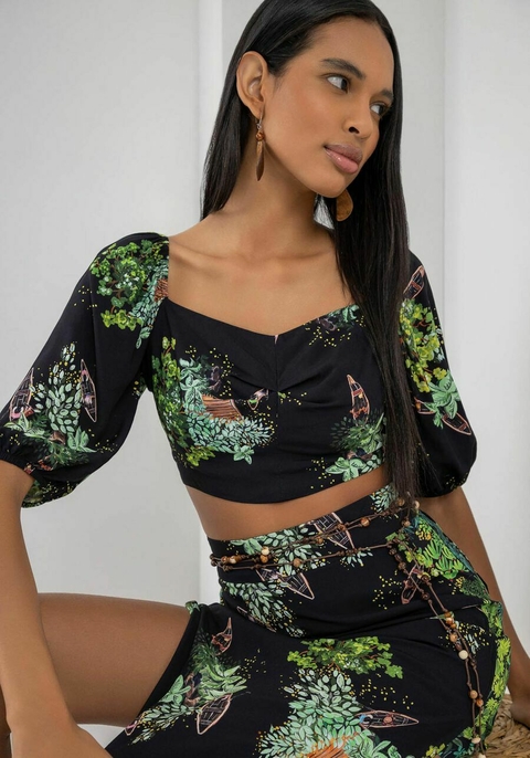 BLUSA ESTAMPADA EM VISCOSE COM MANGA BUFANTE LEZ A LEZ FEMININA