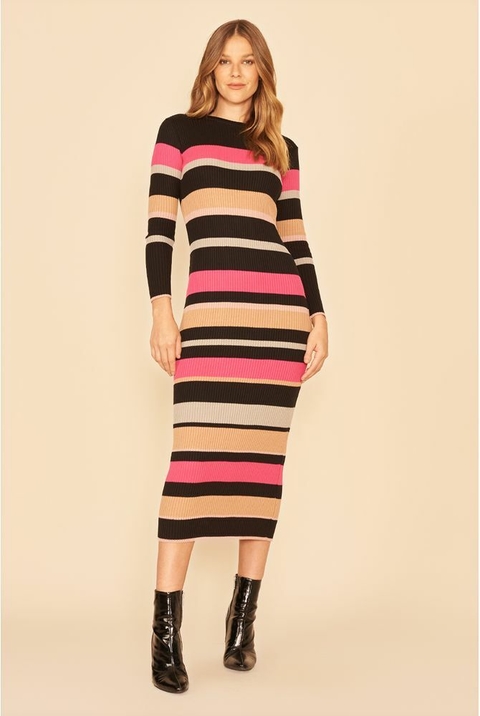 VESTIDO CANOA LISTRADO TRICOT MY PLACE FEMININO