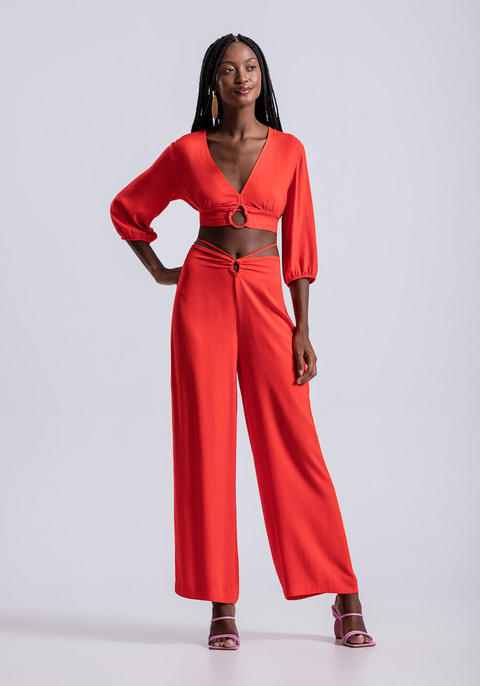 CALÇA RETA AMPLA EM CREPE COM AMARRAÇÃO LEZ A LEZ FEMININA