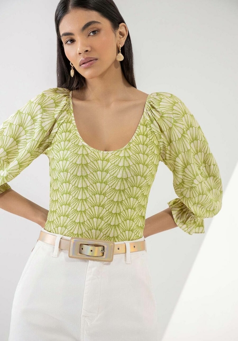 BLUSA CANELADA ESTAMPADA COM MANGA 3/4 BUFANTE LEZ A LEZ FEMININA