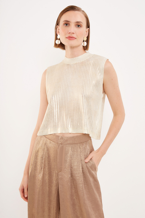 BLUSA TRICOT FOIL SEM MANGA DOURADA FEMININA SACADA