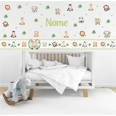 Kit Adesivo de Parede Safari + 03 Faixas + Nome Personalizado Decoração Quarto Papel de Parede