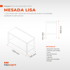 Mesada Lisa Acero 1200mm en Acero AISI 304 Linea Pro Cheff / PRO-MES1200x700-TP304 - CFG Equipamientos Comerciales