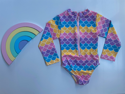 Maiô manga longa Zíper Sereia rosa bebê