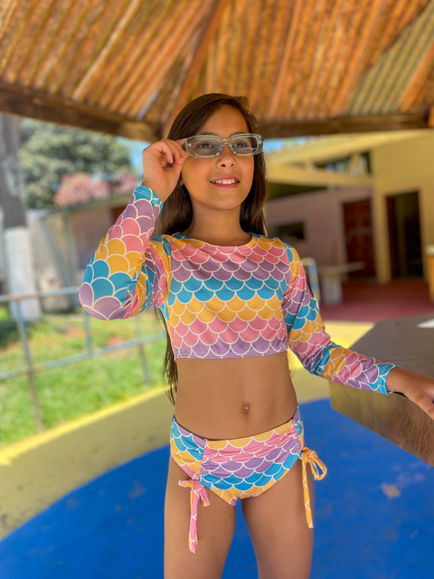 Biquini juvenil manga longa menina verão escama Colorida