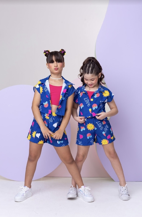 Conjunto infantil 3 peças cropped camisa e shorts