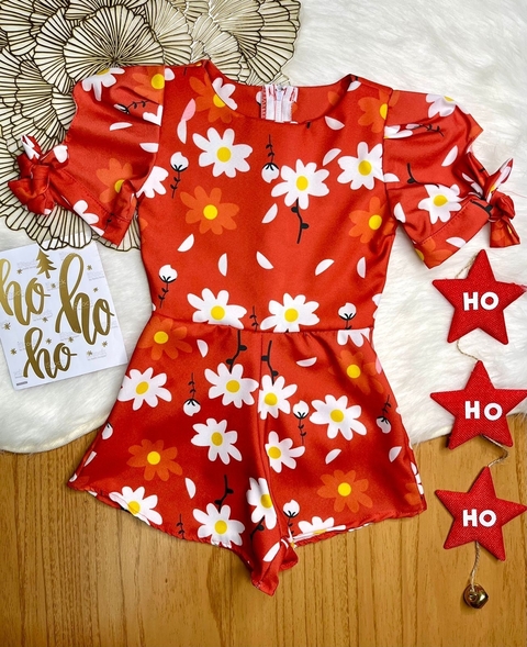 Macaquinho infantil menina vermelho flores Camille
