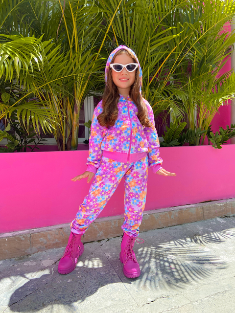 Conjunto de moletom infantil menina capuz flores