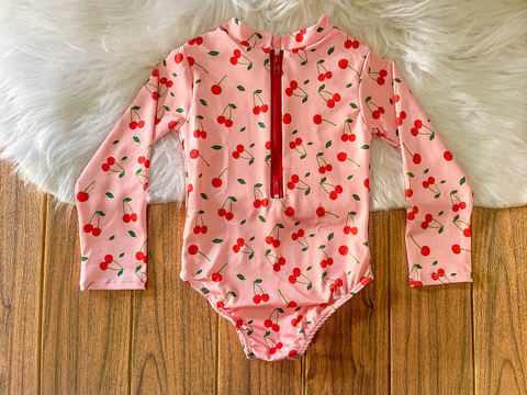 Maiô manga longa infantil menina Cereja