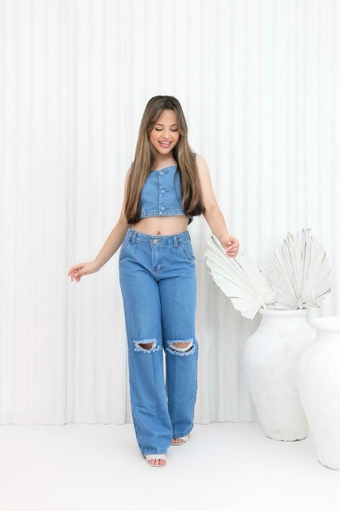 Calça jeans wide leg menina juvenil rasgo no joelho
