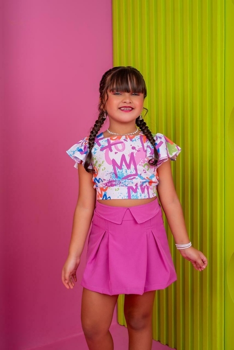 Conjunto infantil de cropped e saia lilás Nayara