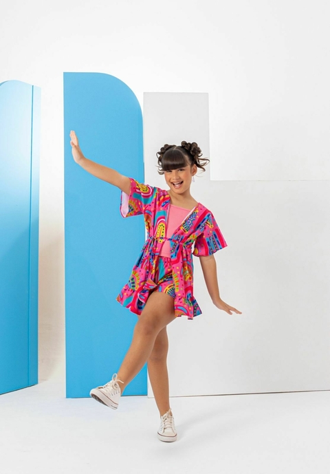 Conjunto juvenil Kimono cropped e short 3 peças Brenda Colors - comprar online