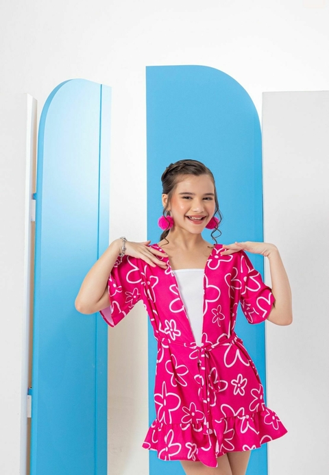 Conjunto juvenil Kimono cropped e short 3 peças Brenda Pink - comprar online